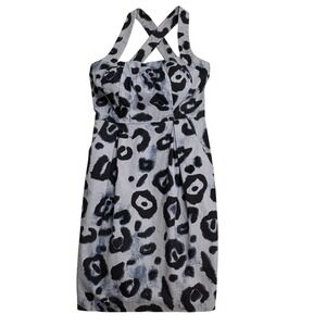Vince Camuto Sheath Dress Womens Size 2 Blue Grey Leopard Print Criss Cross Neck